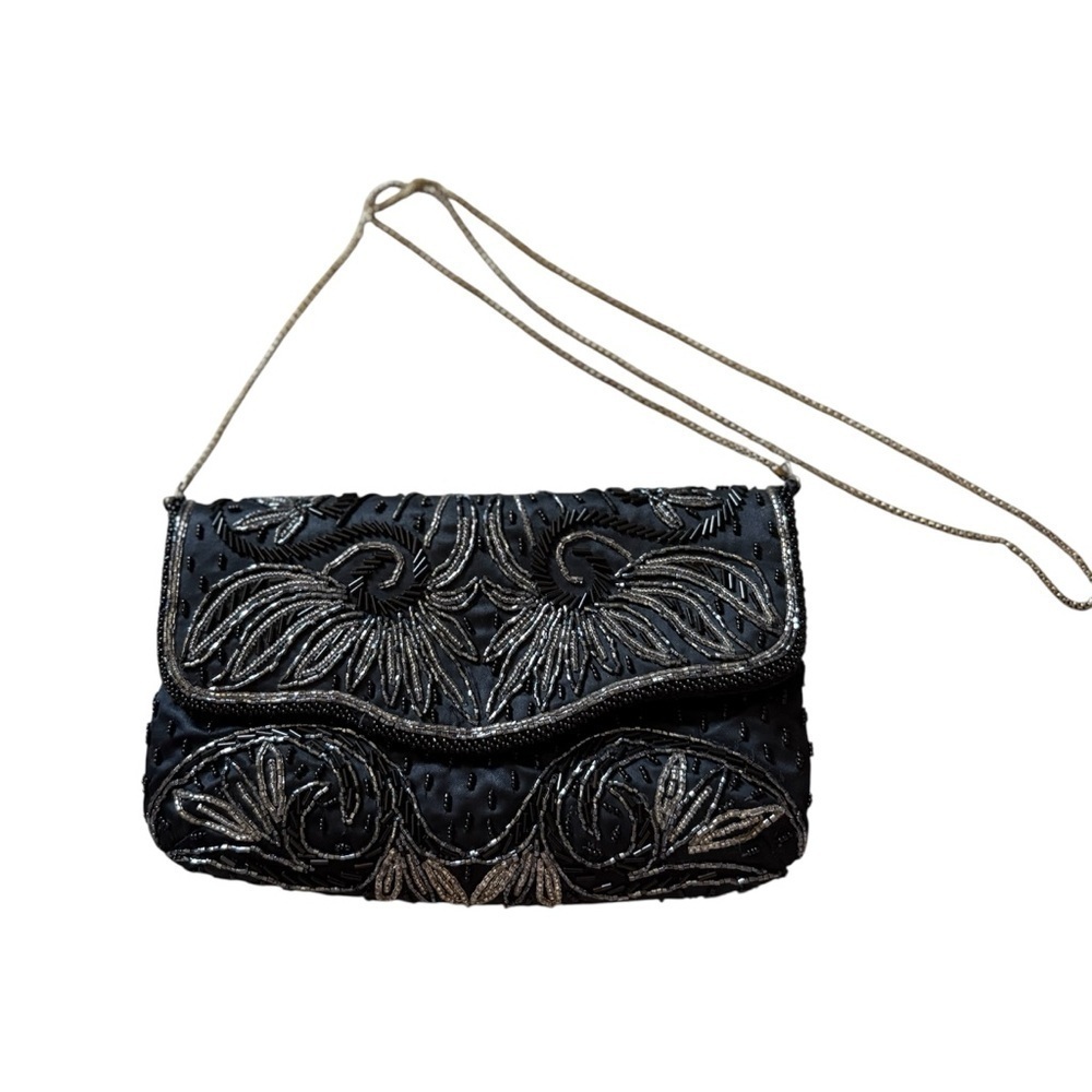 Vintage Black Beaded Shoulder Bag Purse Silver Chain Strap Elegant Clutch